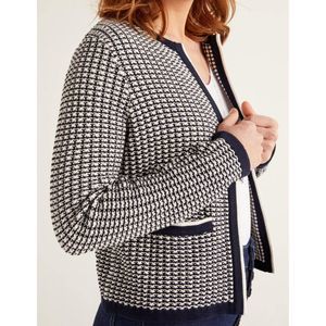 Boden Womens Navy/White Cotton Cranbrook Cardigan Welt Pockets Open Front SZ 8